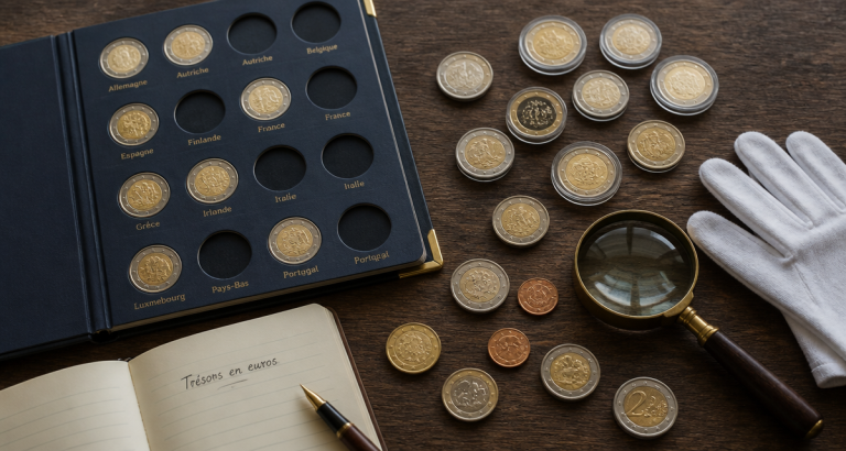 Pièces en euros sur plateau avec album et loupe