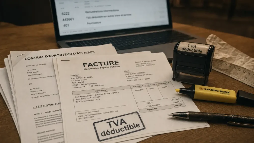 Compte comptable commission sur vente 6222, TVA déductible, facture et écriture comptable 445661 / 401