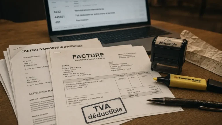 Compte comptable commission sur vente 6222, TVA déductible, facture et écriture comptable 445661 / 401