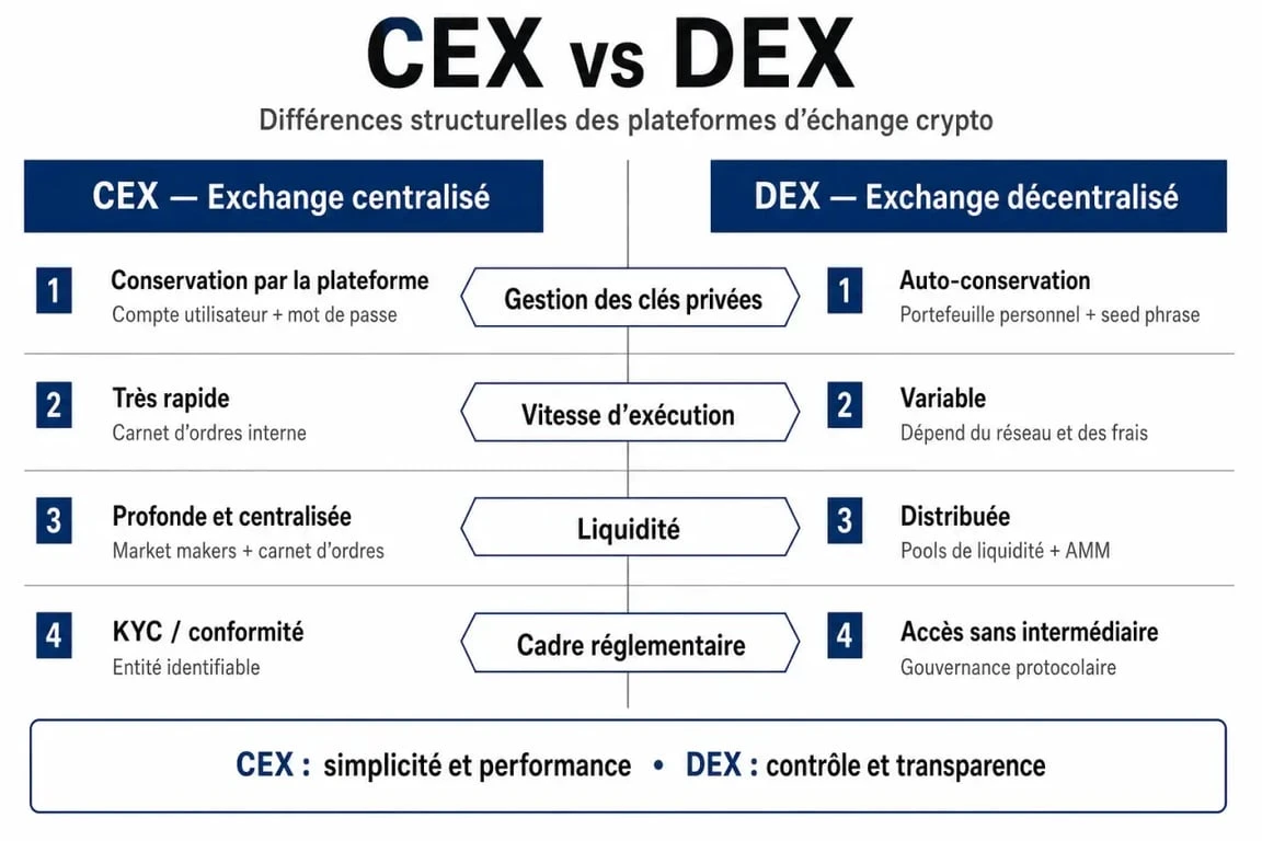 Infographie comparative entre CEX et DEX pour comprendre le fonctionnement des plateformes crypto