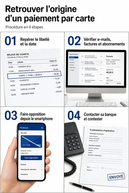 Retrouver origine paiement cb : schéma des étapes pour identifier un débit inconnu et contester une transaction