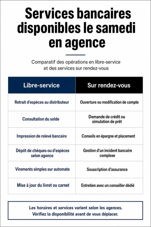 Tableau récapitulatif des services bancaires disponibles le samedi en agence pour une ouverture banque samedi