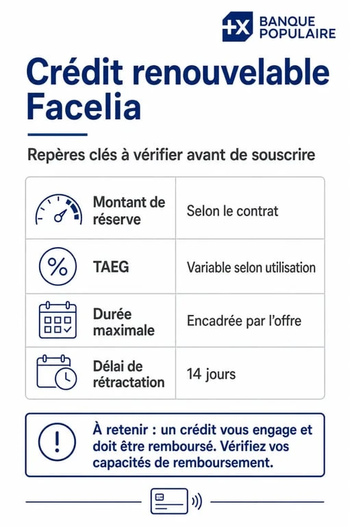 Crédit renouvelable Facelia : visuel comparatif des taux, plafonds et conditions de la Banque Populaire