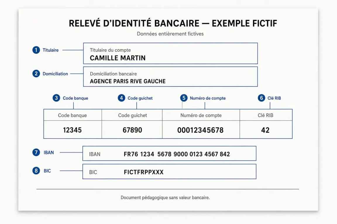Exemple de rib fictif annoté montrant les éléments essentiels d’un document bancaire