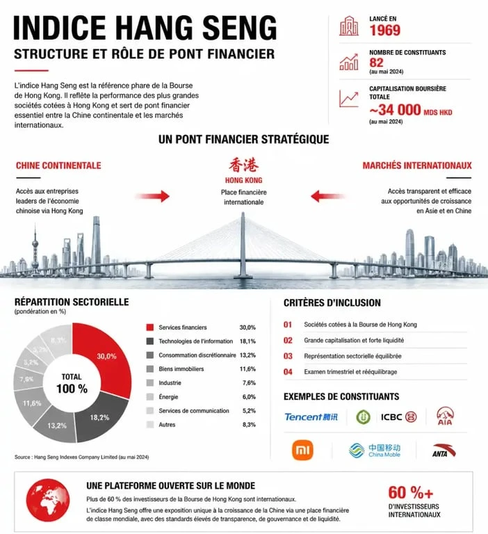 Infographie explicative de l'indice Hang Seng et du fonctionnement de la bourse de Hong Kong pour les investisseurs