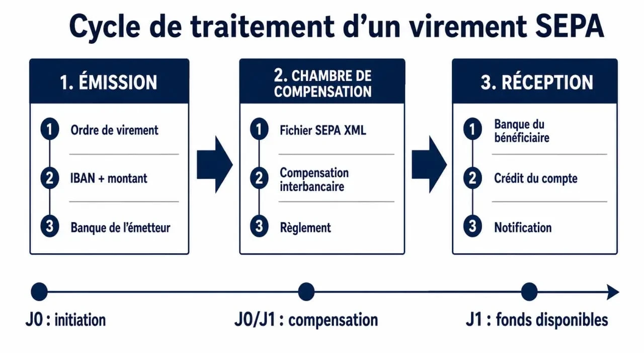 Schéma du fonctionnement et des délais de réception d'un virement bancaire SEPA sur Boursorama