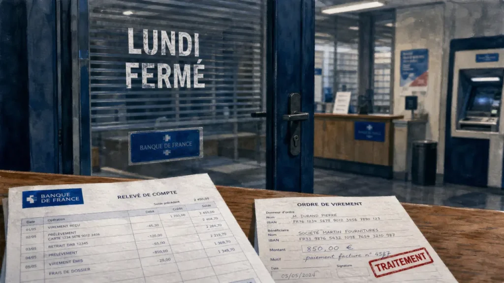 Pourquoi les banques sont fermés le lundi : agence bancaire porte vitrée fermée