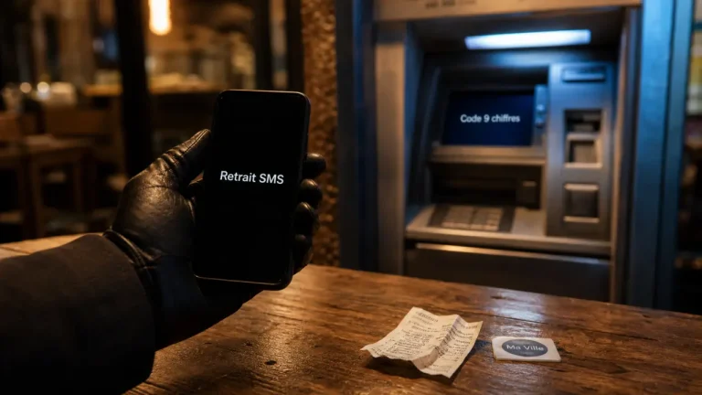 retrait sms caisse d epargne : téléphone avec “Retrait SMS” et distributeur