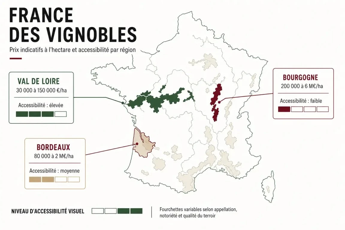 Investir dans le vignoble : carte des régions viticoles françaises, prix à l’hectare et niveau d’accessibilité