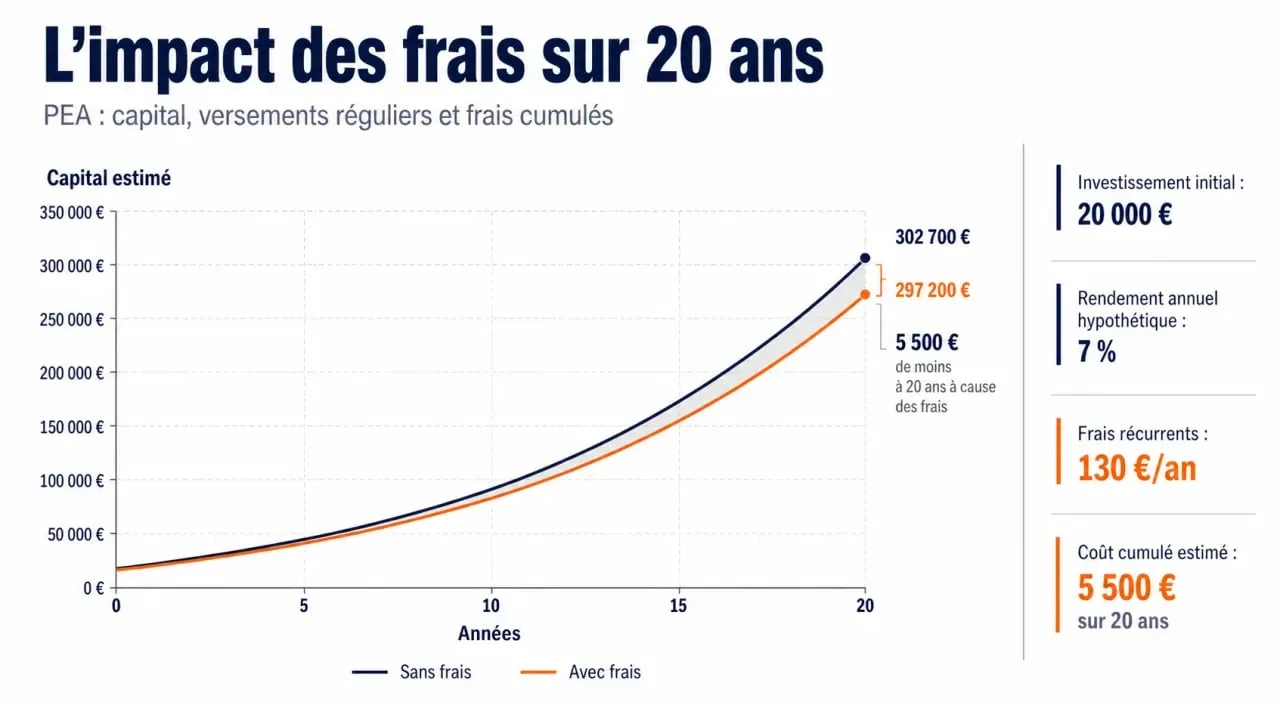 pea caisse épargne avis : graphique de l’impact des frais sur la performance d’un portefeuille à long terme