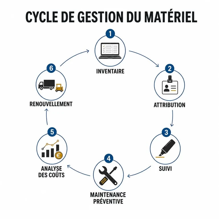 Schéma de la gestion du matériel dans une entreprise avec inventaire, attribution, suivi, maintenance et renouvellement