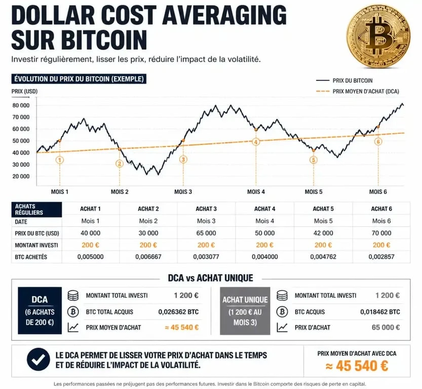 Graphique explicatif du Dollar Cost Averaging pour acheter des Bitcoin