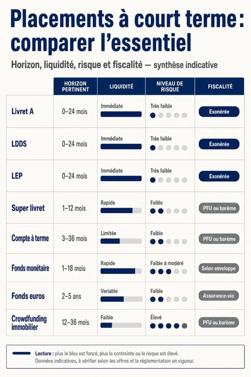 Meilleur placement à court terme : comparaison visuelle des livrets, du compte à terme, des fonds monétaires et du crowdfunding immobilier