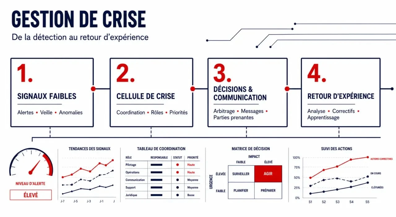 Gestion de crise en entreprise : schéma des étapes clés de la détection des signaux faibles au retour d’expérience