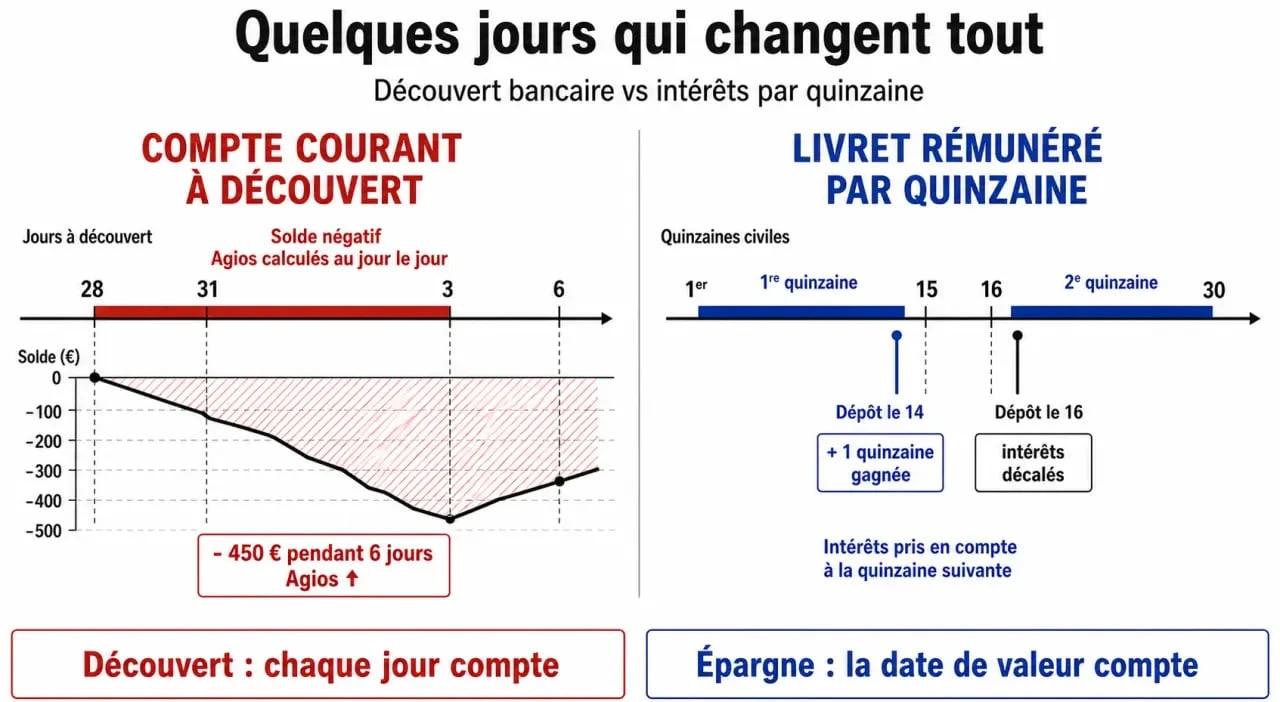 Dates de valeur banque : comparaison visuelle entre découvert, agios et rémunération par quinzaine