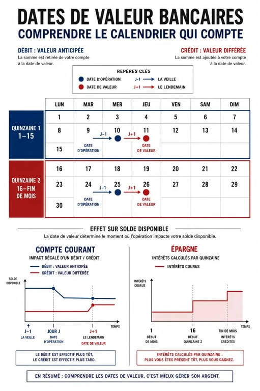 Dates de valeur banque : calendrier des quinzaines et repères J-1/J+1 pour comprendre l’impact sur les intérêts