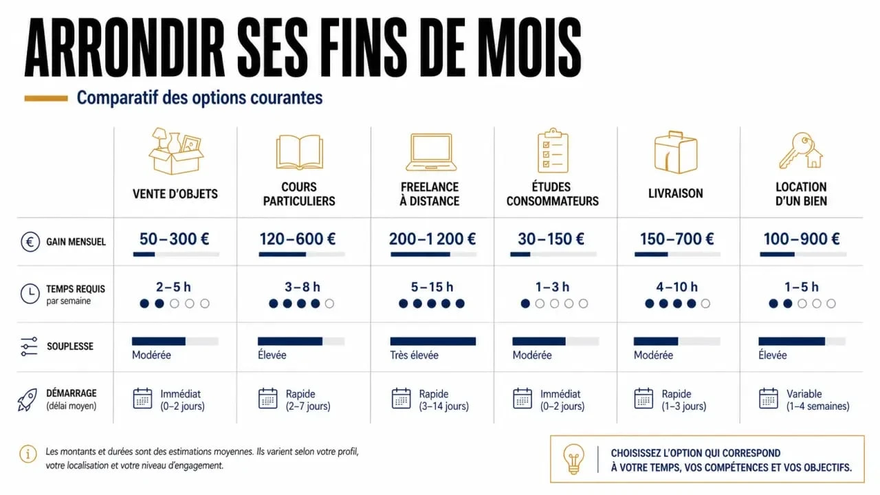 Comparatif visuel pour arrondir ces fin de mois avec plusieurs solutions de complément de revenu