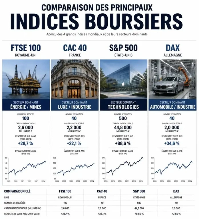 Infographie comparative des indices boursiers mondiaux incluant le footsie indice FTSE 100