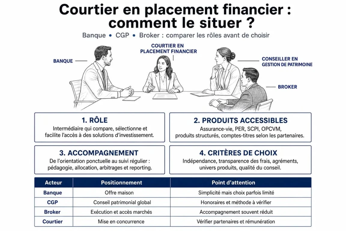 Courtier en placement financier : comparaison avec une banque, un conseiller en gestion de patrimoine et un broker