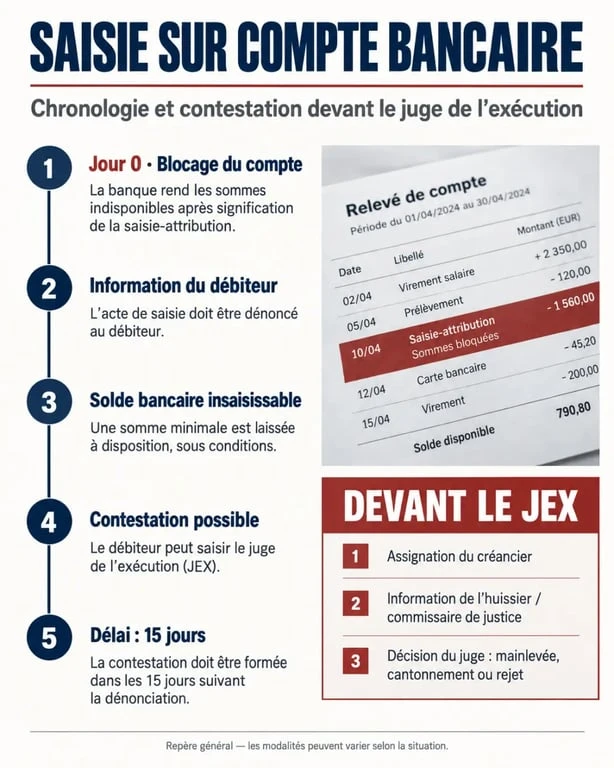 Infographie des étapes et délais d'une saisie sur compte bancaire