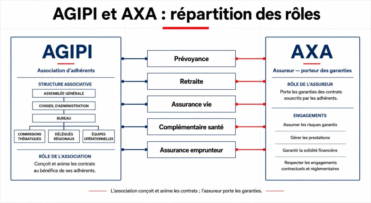 AGIPI AXA : schéma du lien entre association d’adhérents et assureur avec les principaux contrats