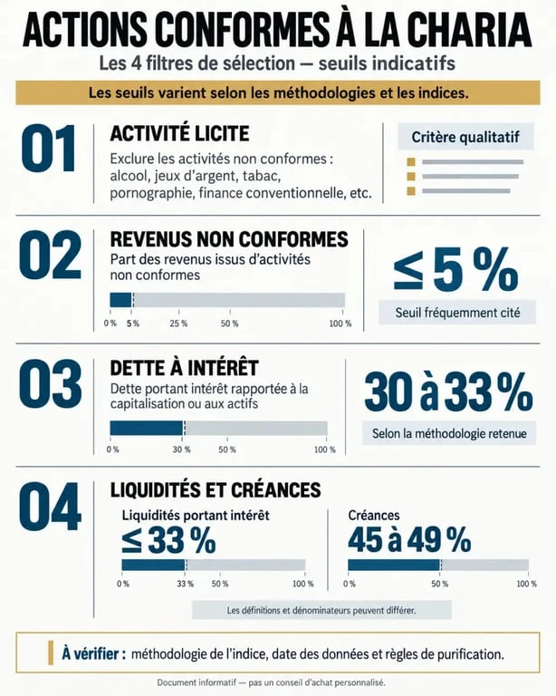 Investir en bourse islam : infographie des quatre filtres de conformité d'une action