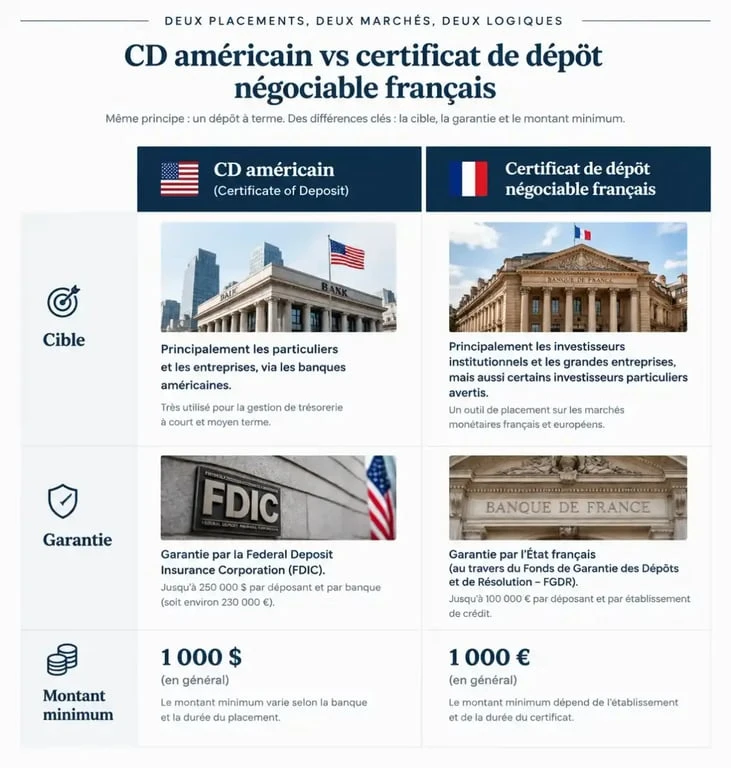 Comparatif certificat de dépôt France vs CD américain