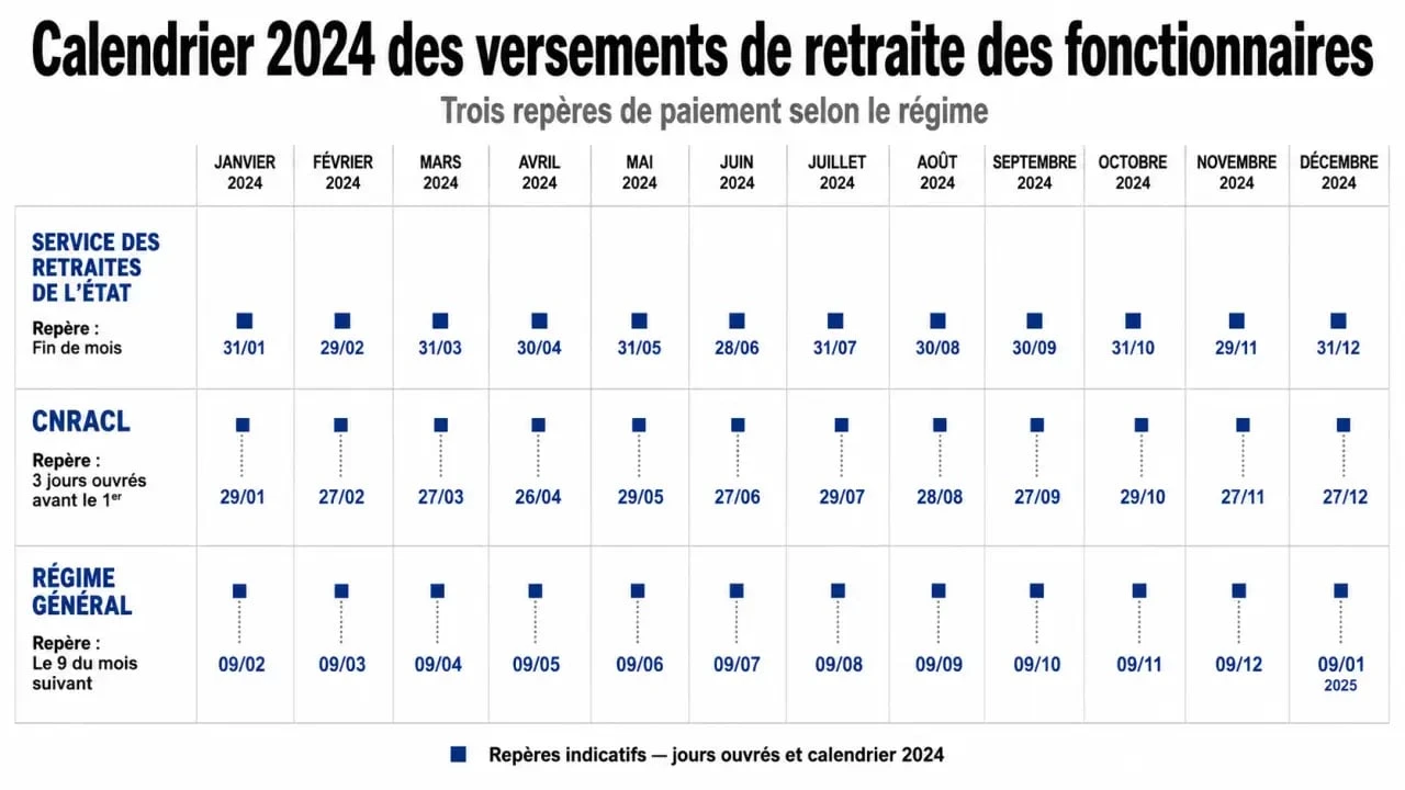 Calendrier paiement retraite fonctionnaire 2024 avec repères SRE, CNRACL et régime général