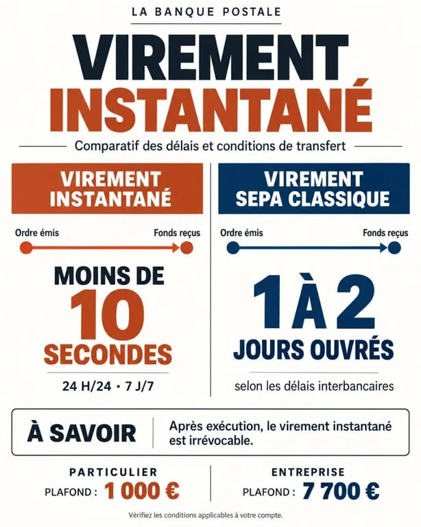 Infographie sur le virement instantané La Banque Postale, ses délais, plafonds et différences avec le virement classique
