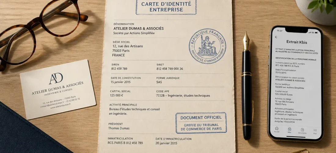 Carte identité entreprise et Kbis sur bureau