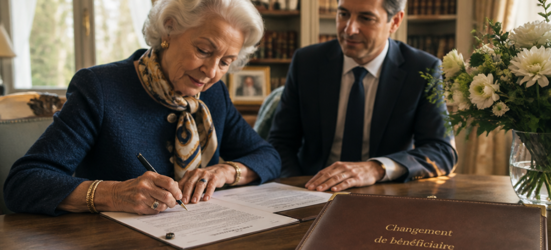 changement bénéficiaire assurance-vie après 80 ans, femme senior signe devant notaire