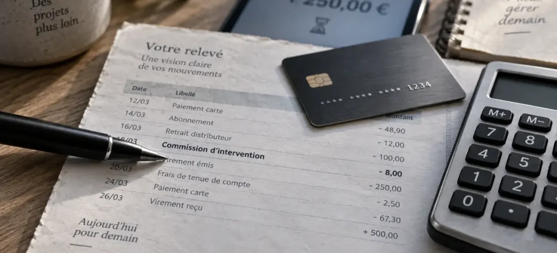 Commission d'intervention banque : 8 € par opération, 80 € par mois (particulier)