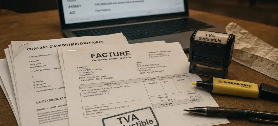 Compte comptable commission sur vente 6222, TVA déductible, facture et écriture comptable 445661 / 401