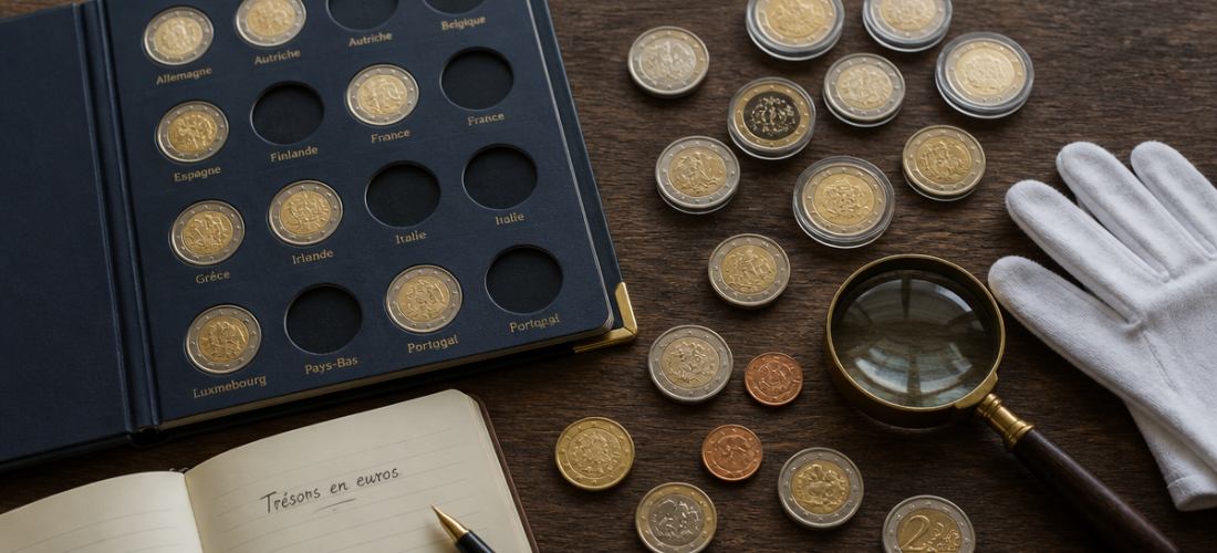 Pièces en euros sur plateau avec album et loupe