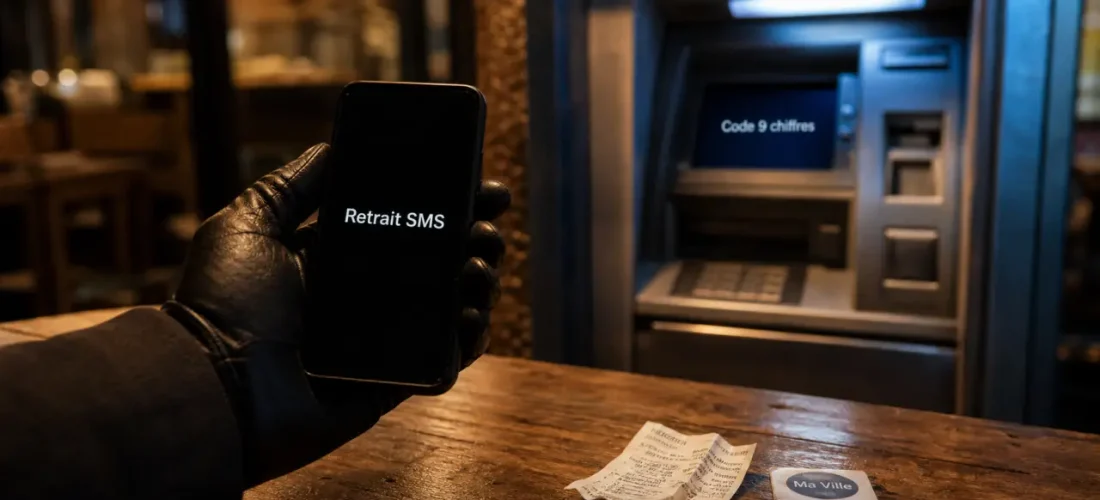 retrait sms caisse d epargne : téléphone avec “Retrait SMS” et distributeur