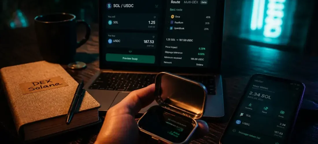 Solana DEX : interface swap Raydium, Orca, Jupiter, liquidité